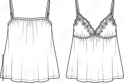 Fashion illustration, women’s camisole design, technical flat sketch, lace detail, adjustable straps, garment construction, apparel drawing, clothing pattern, stylish lingerie top