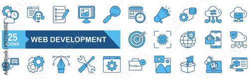Web development icon set Blue Monochrome Flat concept for vector illustration concept for technology, app, computer, datum, software, design, code, application, thin, stroke, cyberspace