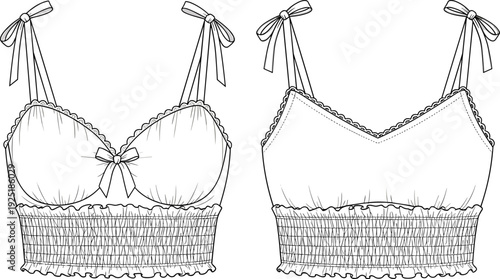 Fashion illustration, women’s crop top design, bralette sketch, lace trim, bow straps, garment construction, apparel drawing, clothing pattern, stylish lingerie
