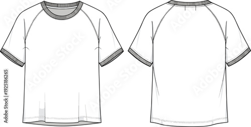 Fashion illustration, women’s raglan t-shirt design, short sleeve, round neckline, ribbed trim, garment construction, apparel drawing, clothing pattern, casual wear