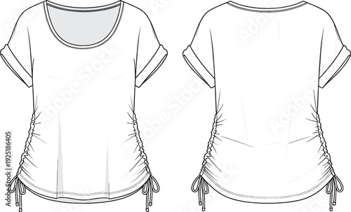 Fashion illustration, women’s short sleeve top design, scoop neckline, ruched sides, drawstring hem, rolled sleeves, garment construction, apparel drawing, stylish blouse