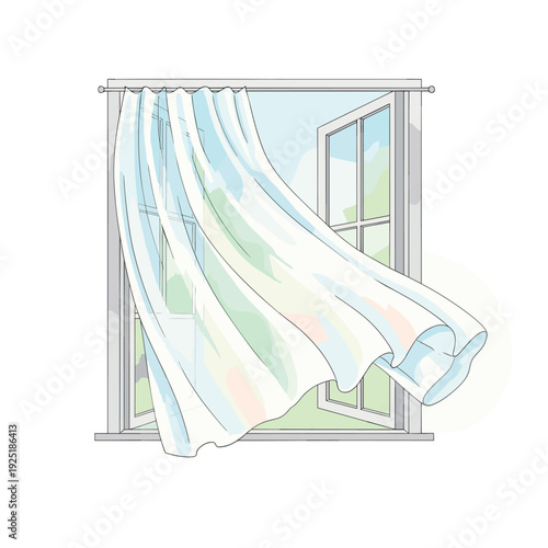 Sheer white curtains gently blowing in the breeze through an open window