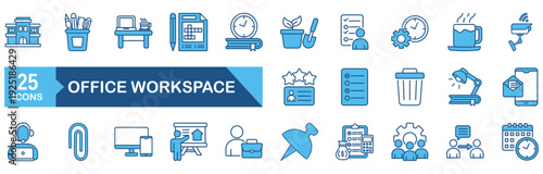 Office workspace icon set Blue Monochrome Flat concept for vector illustration concept for computer, work, laptop, desk, workplace, business, table, schedule, meeting, chair