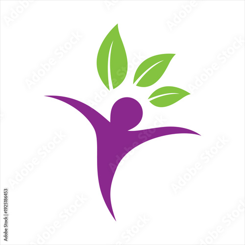 Vibrant purple figure embracing nature with green leaves