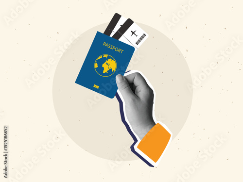 Black and white hand holding blue passport with airline tickets. Travel concept. Modern collage style. Vector illustration