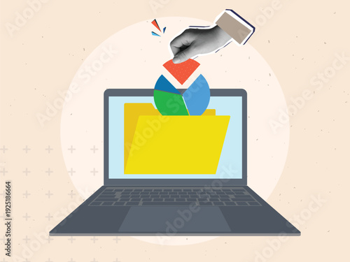 A hand takes a part of a round graph from yellow folder on a laptop screen. Modern collage style. Vector illustration