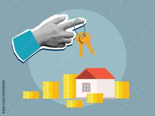 A hand with a two keys near a golden coins rows and a small house. Real estate value and investment concept. Modern collage style. Vector illustration