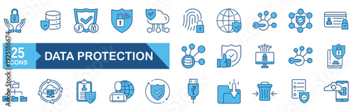Data protection icon set Blue Monochrome Flat concept for vector illustration concept for access, firewall, technology, online, thin, symbol, flat, phone, mobile, account, electronic mail, payment