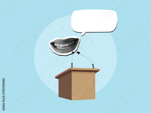 A smiling mouth with an empty speech bubble behind a podium with microphones. Public speaking concept. Modern collage style. Vector illustration