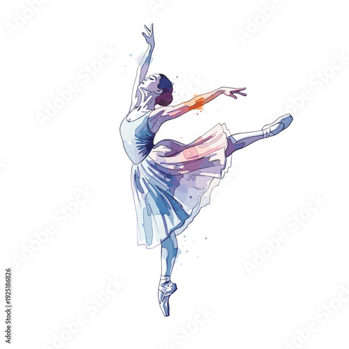 Elegant watercolor ballerina in a graceful arabesque pose, artistic dance illustration