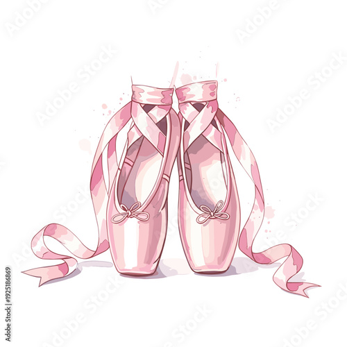 Delicate pink ballet pointe shoes with satin ribbons tied gracefully, artistic watercolor style