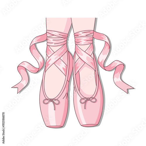 Close-up of pink ballet pointe shoes with satin ribbons tied around the ankles