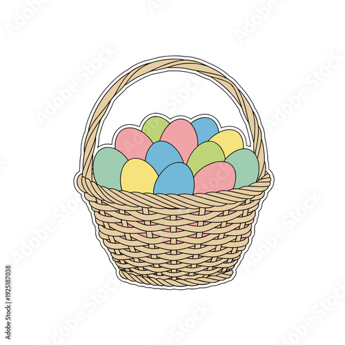 Woven Easter basket overflowing with colorful pastel eggs, perfect for spring celebrations