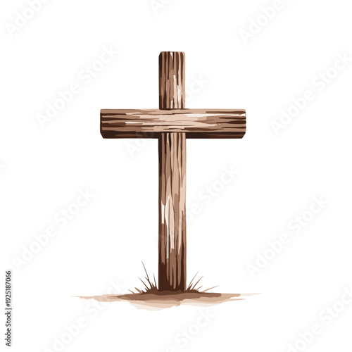 Rustic wooden cross standing tall in the ground with a few blades of grass
