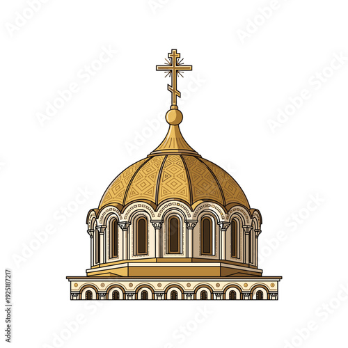 Golden Orthodox church dome with cross on top, detailed architectural illustration