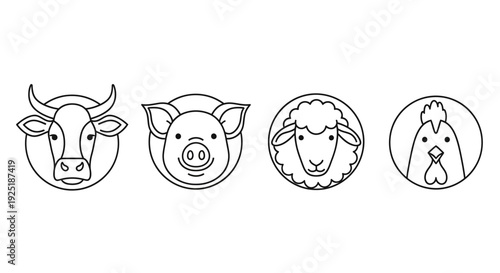Cow Pig Sheep Goat Line Art Icons.
