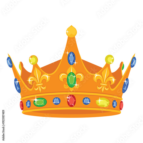Ornate golden crown adorned with colorful precious gemstones and fleur-de-lis symbols