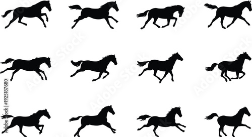 Running horse silhouettes collection, black stallion galloping poses isolated on white background, dynamic equine vector illustration set