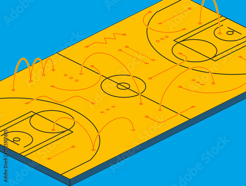 Training drills and coaching exercises over yellow isometric basketball court