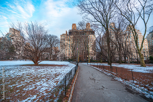 The scenic sunset views of the Central Park is an urban park between the Upper West Side and Upper East Side neighborhoods of Manhattan in New York City, and the first landscaped park in the US