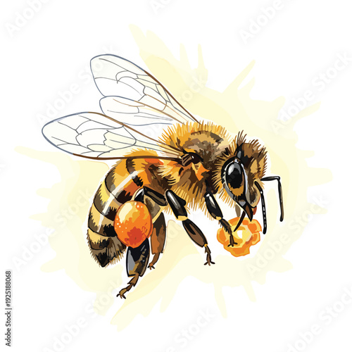 Detailed illustration of a honeybee collecting pollen on a soft yellow watercolor background
