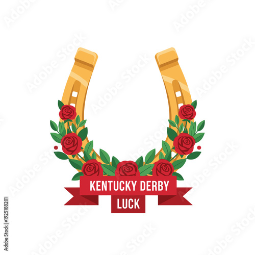 Golden horseshoe adorned with red roses and a banner saying Kentucky Derby Luck