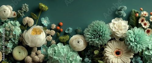 Elegant Teal and White Floral Arrangement with Peony Dahlia Hydrangea and Ranunculus on Dark Green Background Generative AI