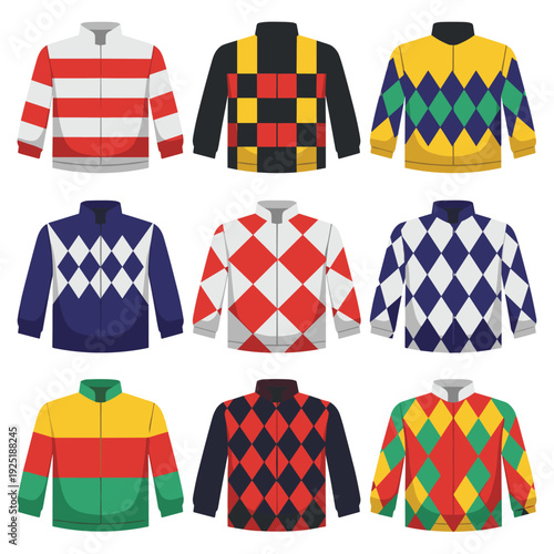 Collection of colorful jockey silks with various patterns and designs
