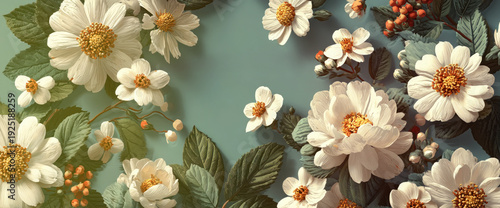 White Wild Rose Flowers with Green Leaves and Orange Berries on Soft Blue Background Vintage Botanical Frame Generative AI