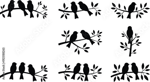 Love birds silhouettes on branch set, romantic couple black birds isolated on white background, nature vector illustration collection