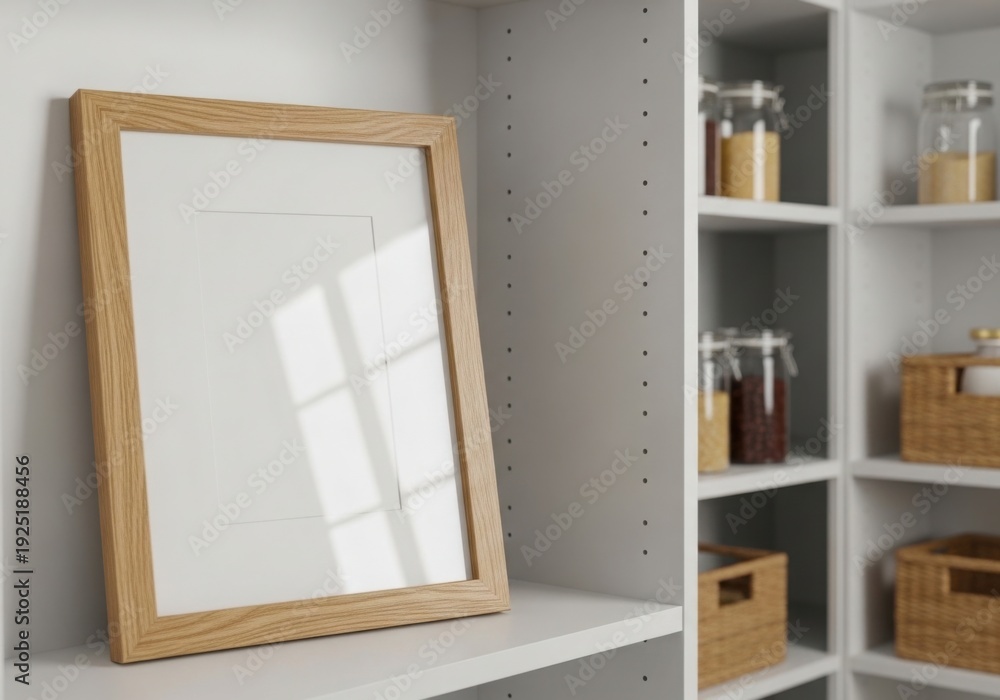 Fototapeta premium Blank Wooden Picture Frame Leaning on Shelf in Organized Storage Space.