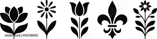 Elegant black silhouettes of stylized flowers and a fleur-de-lis on a white background, conveying decorative appeal and timeless elegance.