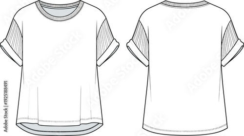 Fashion illustration, women’s short sleeve top design, technical sketch, round neckline, ribbed detail, drop shoulder, rolled sleeves, garment construction, apparel drawing