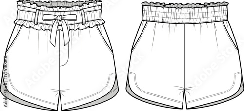 Fashion illustration, women’s shorts design, high waist, ruffled waistband, decorative bow, side pockets, curved hemline, garment construction, apparel drawing, casual wear