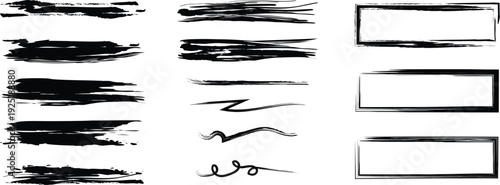 Collection of abstract black brush strokes and rectangular frames on white background