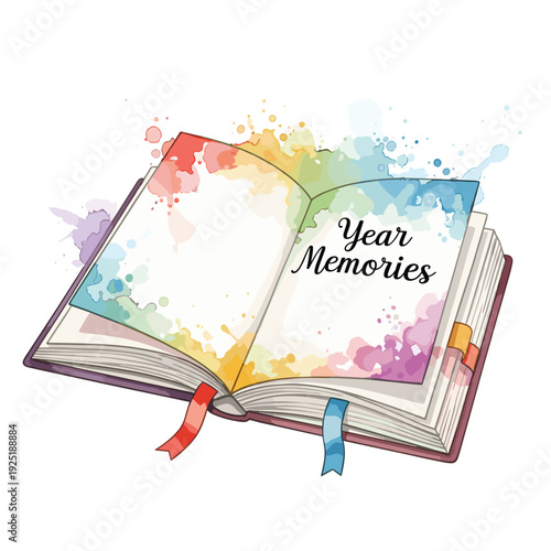 Open book with colorful watercolor splashes and the words "Year Memories" written on the page