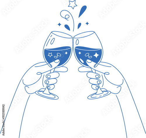 Two hands clink wine glasses, symbolizing a festive celebration with sparkling accents, evoking happiness in a bright, minimalist vector illustration.