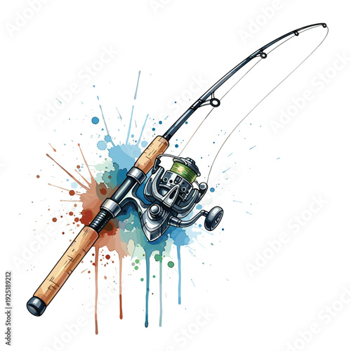 Fishing rod and reel with watercolor splashes, artistic outdoor recreation concept