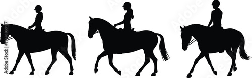 Equestrian rider on horse silhouettes collection, female jockey riding equine figures isolated on white background vector illustration set