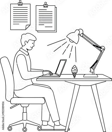 Man Working on Laptop at Office Desk Line Art Illustration Representing Remote Work, Professional Productivity and Workplace Task Management Concept