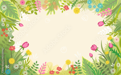 Bright seasonal flower frame arranged around the perimeter, with generous blank space in the middle for a greeting or title