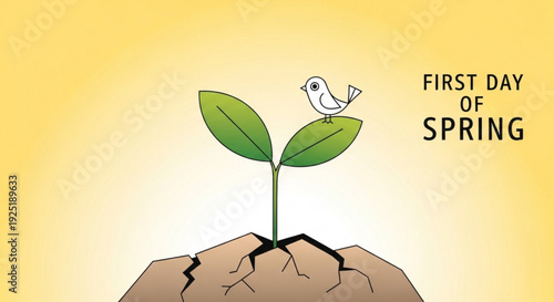 Small green plant sprouting from cracked earth with white bird on leafy top symbolizing spring growth and renewal on sunny day