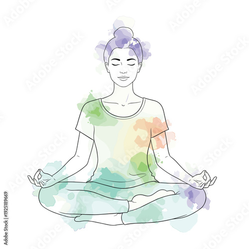 Woman meditating in lotus pose with colorful watercolor splashes, symbolizing inner peace and mindfulness