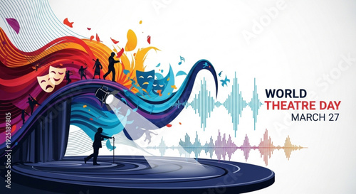 Vibrant world theatre day illustration with colorful stage design and silhouettes celebrating performing arts on march 27