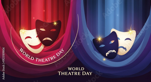 Theatre masks on curtains for world theatre day comedy and tragedy faces in red and blue