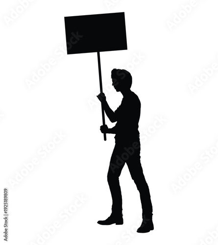 Man activist protester holding banner placard while walking side view silhouette vector illustration isolated on white background.