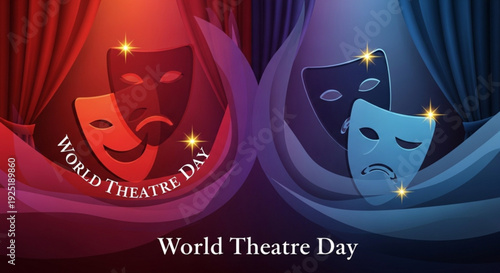 Theatrical masks for comedy and tragedy on world theatre day with colorful curtains and sparkling lights