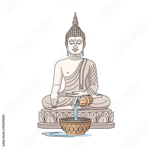 Serene Buddha statue pouring water into a decorative bowl, symbolizing purification and enlightenment