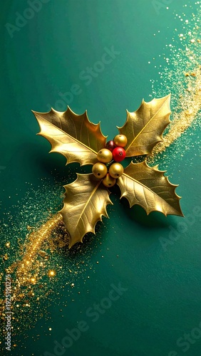 Golden Holly Festive Embellishment: The essence of festive cheer captured in a detailed close-up, showcasing radiant gold holly leaves with rich red berries.