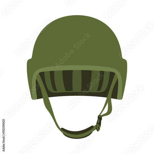 Green military helmet with chin strap, isolated on white background